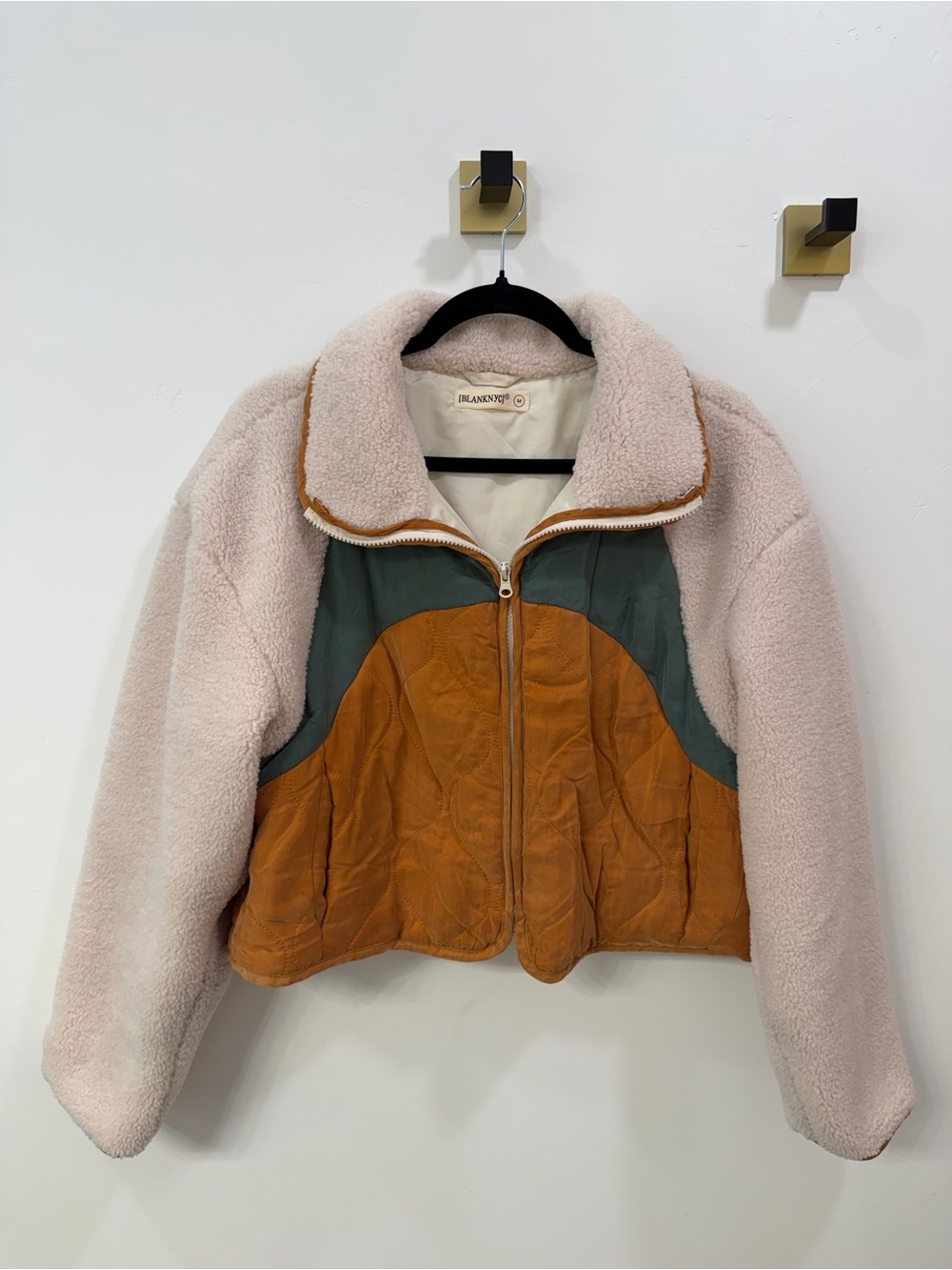 Blank NYC Women's Colorblock Sherpa Jacket - Cream, Green & Burnt Orange
